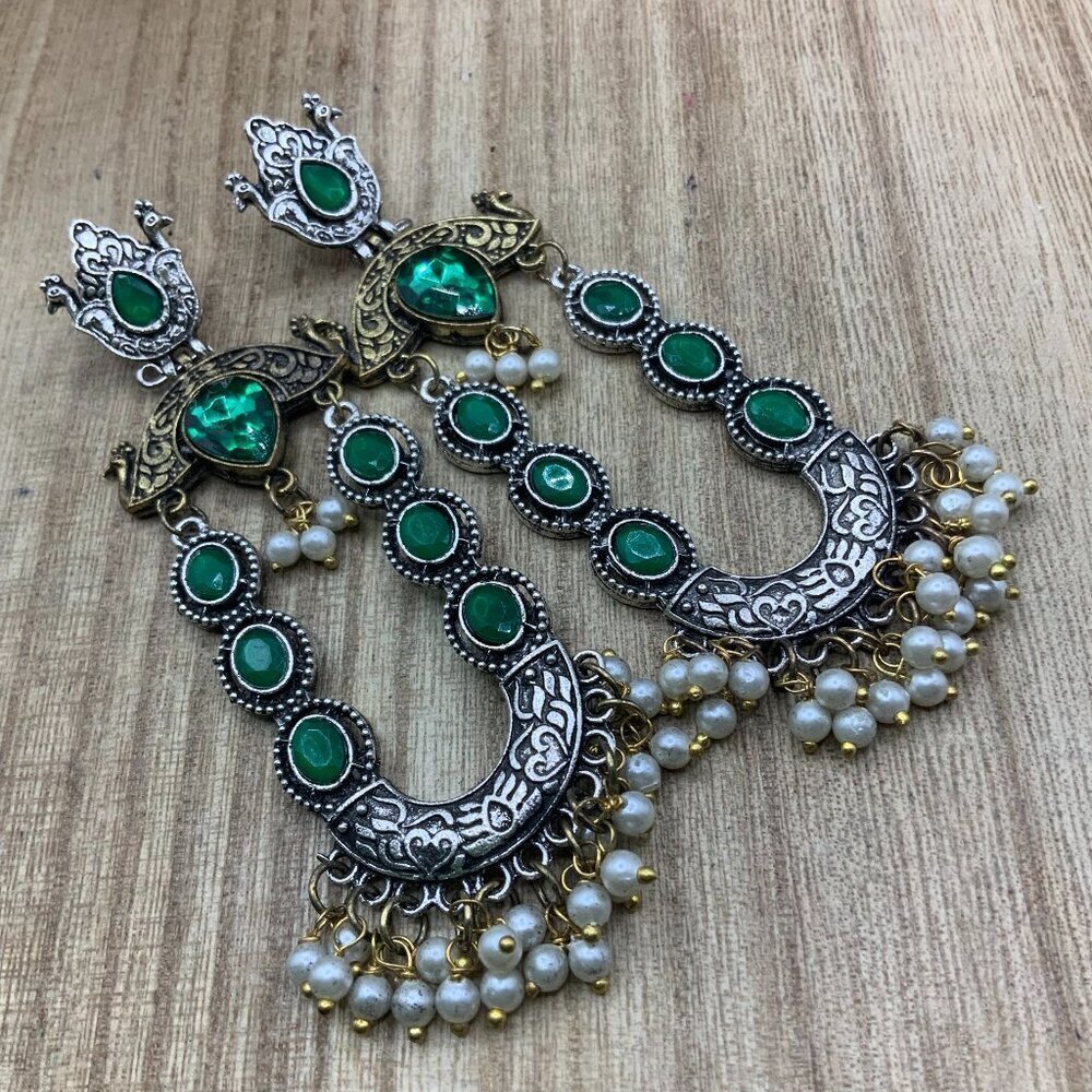 Peacock Dual Green Silver Gold Tone Faux Pearl Dangle Drop Earrings